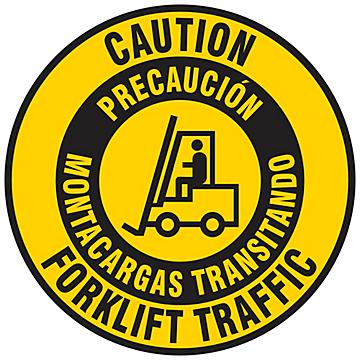 Bilingual English/Spanish Warehouse Floor Sign - "Caution Forklift Traffic", 17" Diameter