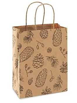 Printed Kraft Paper Shopping Bags - 8 x 4 1/2 x 10 1/4", Cub, Pine Cones S-23723PINE