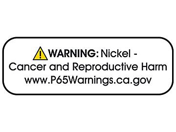 California Prop 65 Labels - "Warning: Nickel - Cancer and Reproductive Harm", 1 1/2 x 1/2"