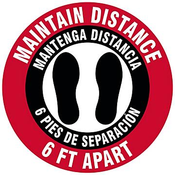 Bilingual English/Spanish Warehouse Floor Sign - "Maintain Distance 6 Ft Apart", 17" Diameter