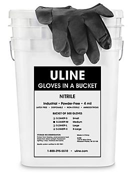 Uline Black Industrial Nitrile Gloves in a Bucket - 4 Mil, Medium S-24409-M