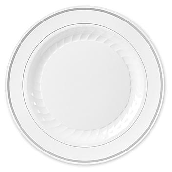 Premium Plastic Plates - 10 1/4", White with Silver Trim S-24459