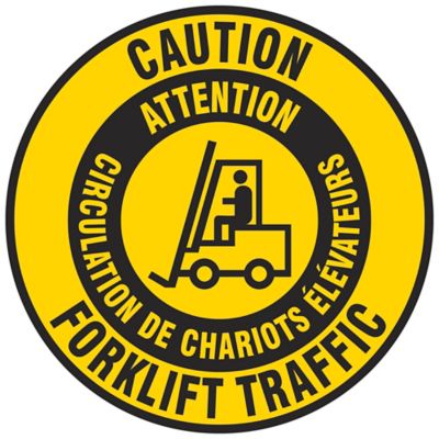 Bilingual English/Spanish Warehouse Floor Sign - "Caution Forklift Traffic", 17" Diameter