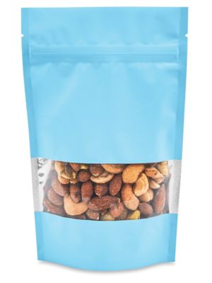Matte Stand-Up Barrier Pouches with Window - 5 x 8 x 2 1/2", Blue S-25070BLU