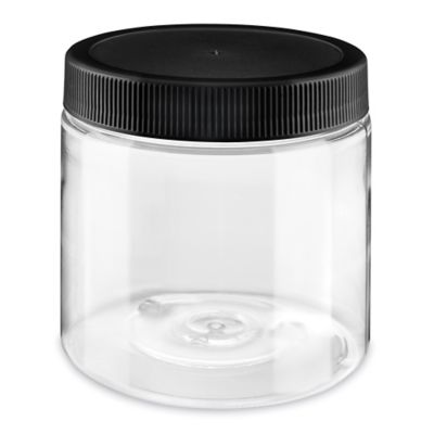 Clear Pet Straight-Sided Plastic Jars Bulk Pack - 16 oz, Black Cap - ULINE - Qty of 245 - S-25186B-BL