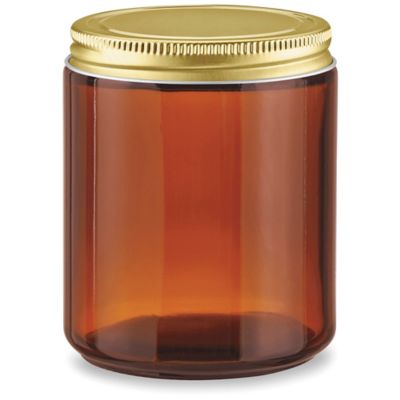Amber Straight-Sided Glass Jars - 8 oz, Gold Metal Cap S-25207M-GLD
