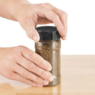 Plastic Spice Jars - 2 oz, Unlined, Black Cap S-22045BL - Uline