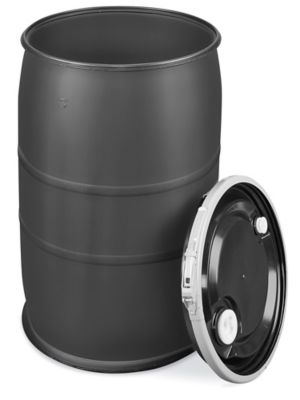 Plastic Drum With Lid 30 Gallon Open Top Black S 25551 Uline 9195