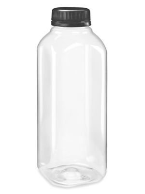 Clear Square Plastic Juice Bottles Bulk Pack - 16 oz, Black Cap S-26282B-BL