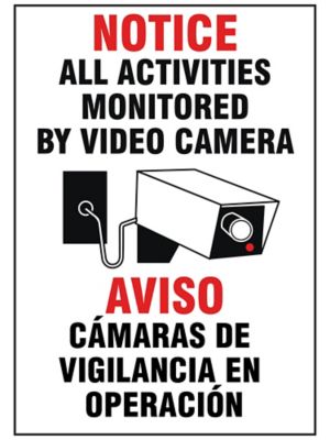 "Monitored By Video Camera" English/Spanish Sign - Vinyl, Adhesive-Backed S-26396V