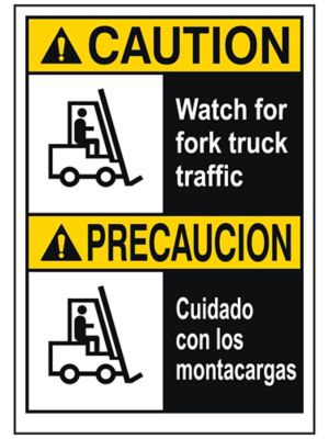"Watch For Fork Truck Traffic" English/Spanish Sign - Vinyl, Adhesive-Backed S-26397V