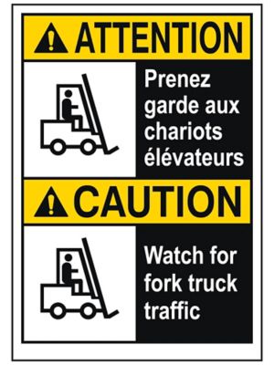 "Watch For Fork Truck Traffic" English/French Sign - Vinyl, Adhesive-Backed S-26403V