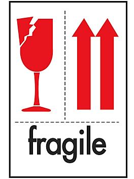 International Safe Handling Labels - "Fragile" with Red Arrows, 4 x 6" S-2862