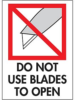 International Safe Handling Labels - "Do Not Use Blades to Open", 3 x 4" S-3242
