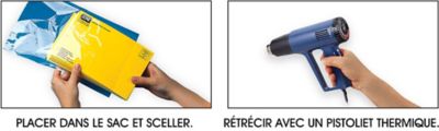 Instructions : 1. Placer l'article dans le sac et sceller, 2. Rétrecir avec un pistolet thermique