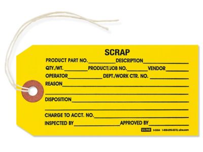 1-Part Inspection Tags - "Scrap", Pre-strung, Yellow S-3554YPS