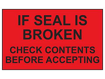 Etiquetas Adhesivas para Protección de Tarimas - "If Seal is Broken Check Contents", 3 x 5"