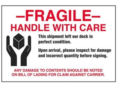 Étiquettes adhésives de protection de palette – « Fragile...Damage to Contents Should be Noted », 4 x 6 po