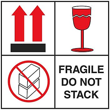 International Safe Handling Labels - "Fragile/Do Not Stack", 4 x 4" S-6205