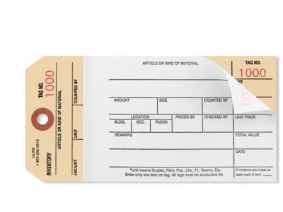 Two-Part Stub Style Inventory Tags - Carbonless, #1000-1499