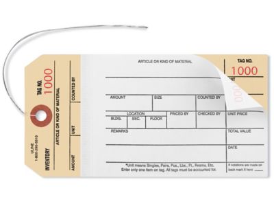 Two-Part Stub Style Inventory Tags - Carbonless, Pre-wired, #1000-1499 ...