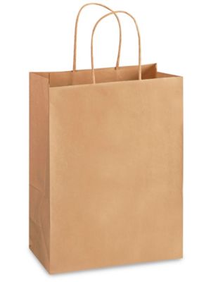 5.75 x 3.25 x 8.37 white kraft paper shopping bags have matching twisted  paper handles and squared bottom gussets. These paper bags are made with  100%
