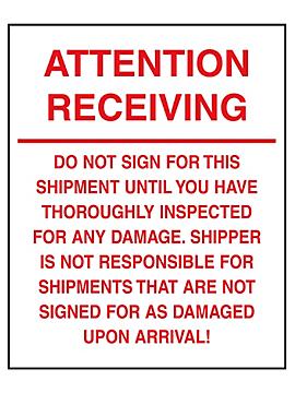 Etiquetas Adhesivas para Protección de Tarimas - "Attention Receiving…Shipper is Not Responsible", 10 x 6"