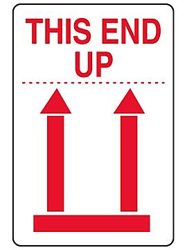 International Safe Handling Labels - "This End Up" with Red Arrows, 2 x 3"