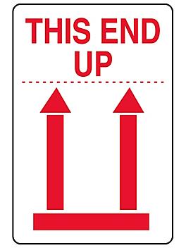 International Safe Handling Labels - "This End Up" with Red Arrows, 2 x 3" S-7409