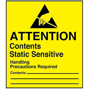 Etiquetas Adhesivas Antiestáticas de Advertencia - "Attention/Contents Static Sensitive", 2 1/2 x 1 3/4" S-7607