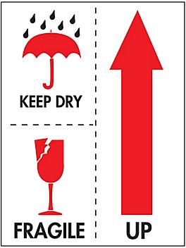 International Safe Handling Labels - "Keep Dry/Fragile/Up", 3 x 4" S-8175
