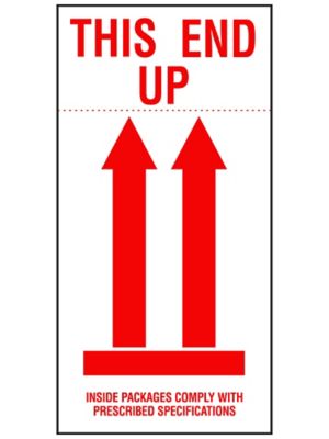 International Safe Handling Labels - "This End Up/Inside Packages Comply With Prescribed Specifications", 4 x 8"
