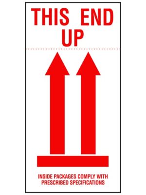 International Safe Handling Labels - "This End Up/Inside Packages Comply with Prescribed Specifications", 4 x 8"