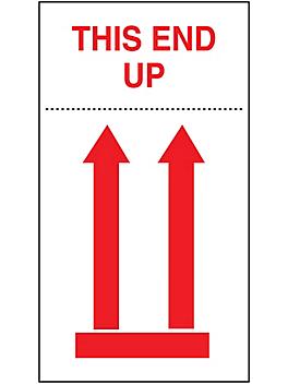 International Safe Handling Labels - "This End Up" with Red Arrows, 4 x 8" S-869