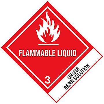 D.O.T. Labels - "Flammable Liquid Resin Solution UN 1866", 4 x 4 3/4"
