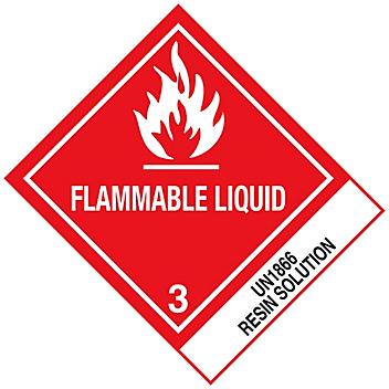 D.O.T. Labels - "Flammable Liquid Resin Solution UN 1866", 4 x 4 3/4" S-885