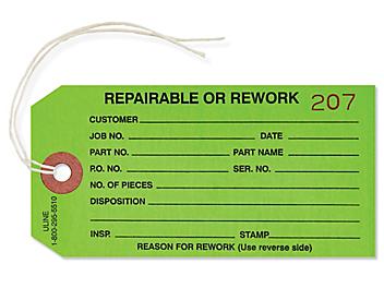Inspection Tags - "Repairable/Rework", Pre-strung, Green S-929GPS
