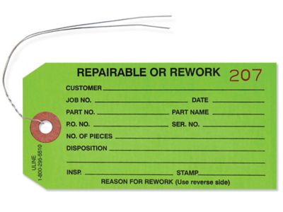 1-Part Inspection Tags - "Repairable/Rework", Pre-wired, Green S-929GPW