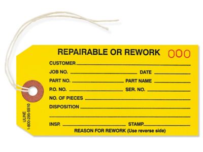1-Part Inspection Tags - "Repairable/Rework", Pre-strung, Yellow S-929YPS