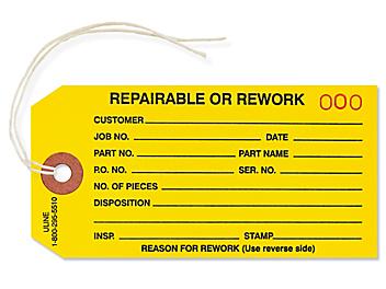 Inspection Tags - "Repairable/Rework", Pre-strung, Yellow S-929YPS