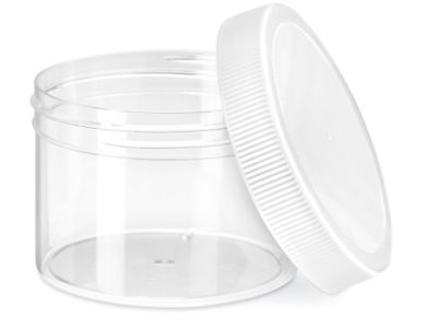 Clear Round Wide-Mouth Plastic Jars - 8 oz, White Cap S-9935 - Uline