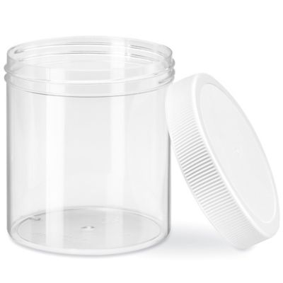 Clear Round Wide-Mouth Plastic Jars Bulk Pack - 16 oz, White Cap - ULINE - Qty of 140 - S-9936B-W