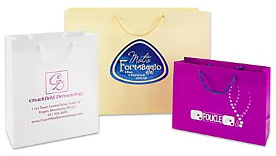 Matte Laminate Shopping Bags - 6 1/2 x 3 1/2 x 6 1/2, Mini, Black  S-15481BL - Uline