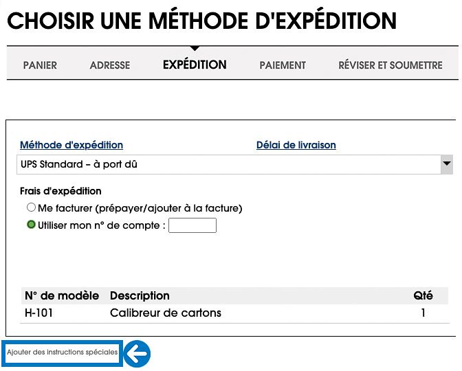 Cliquez sur « Ajouter des instructions spéciales » sur la page « Méthode d'expédition ».