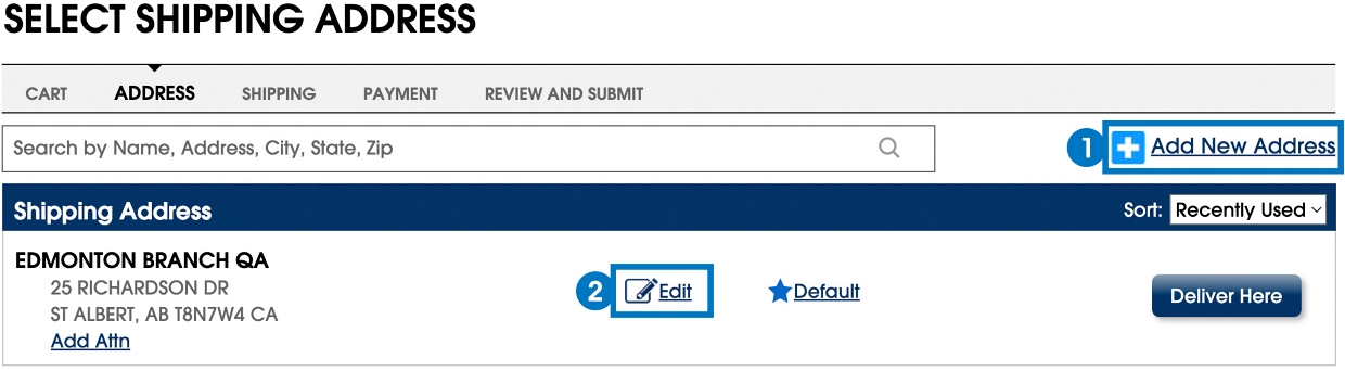 Add or edit a shipping address by clicking "Add New Address" or "Edit" during the address portion of the checkout process.