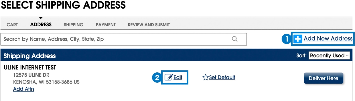 Add or edit a shipping address by clicking "Add New Address" or "Edit" during the address portion of the checkout process.