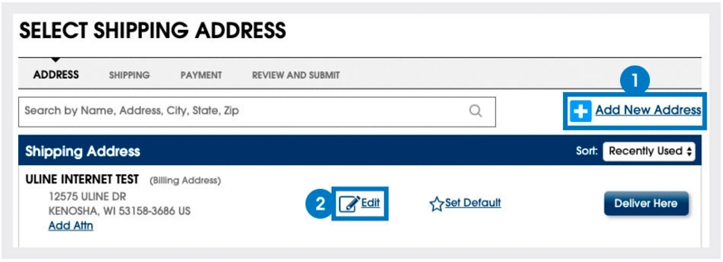 Add or edit a shipping address by clicking "Add New Address" or "Edit" during the address portion of the checkout process.