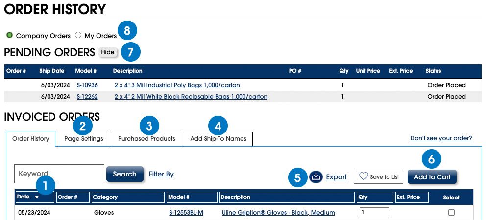 Order History Key Features