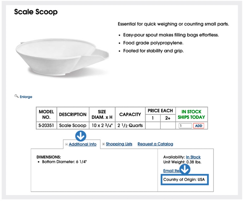 Products made in the USA will display "Country of Orgin: USA" in the Additional Info below the chart
