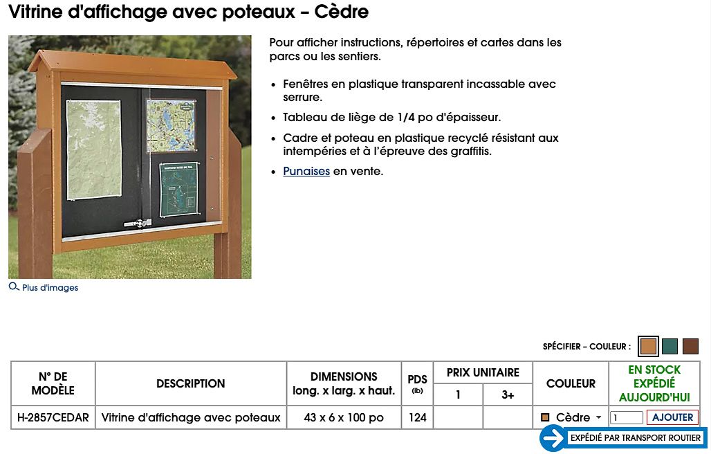 « Expédié par transport routier » sera indiqué près des tableaux de prix et sur les pages des produits.